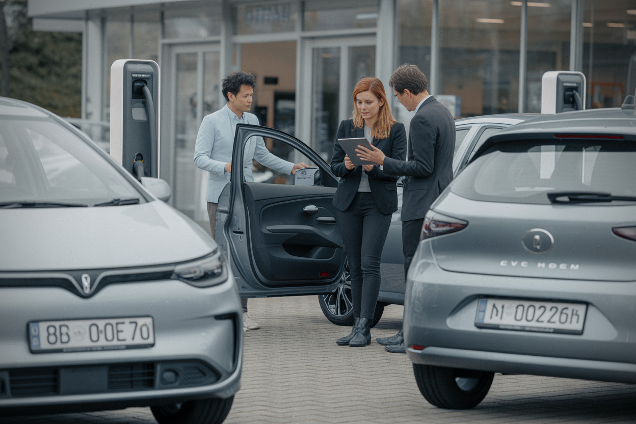 Acheteurs européens comparant une voiture électrique chinoise en concession