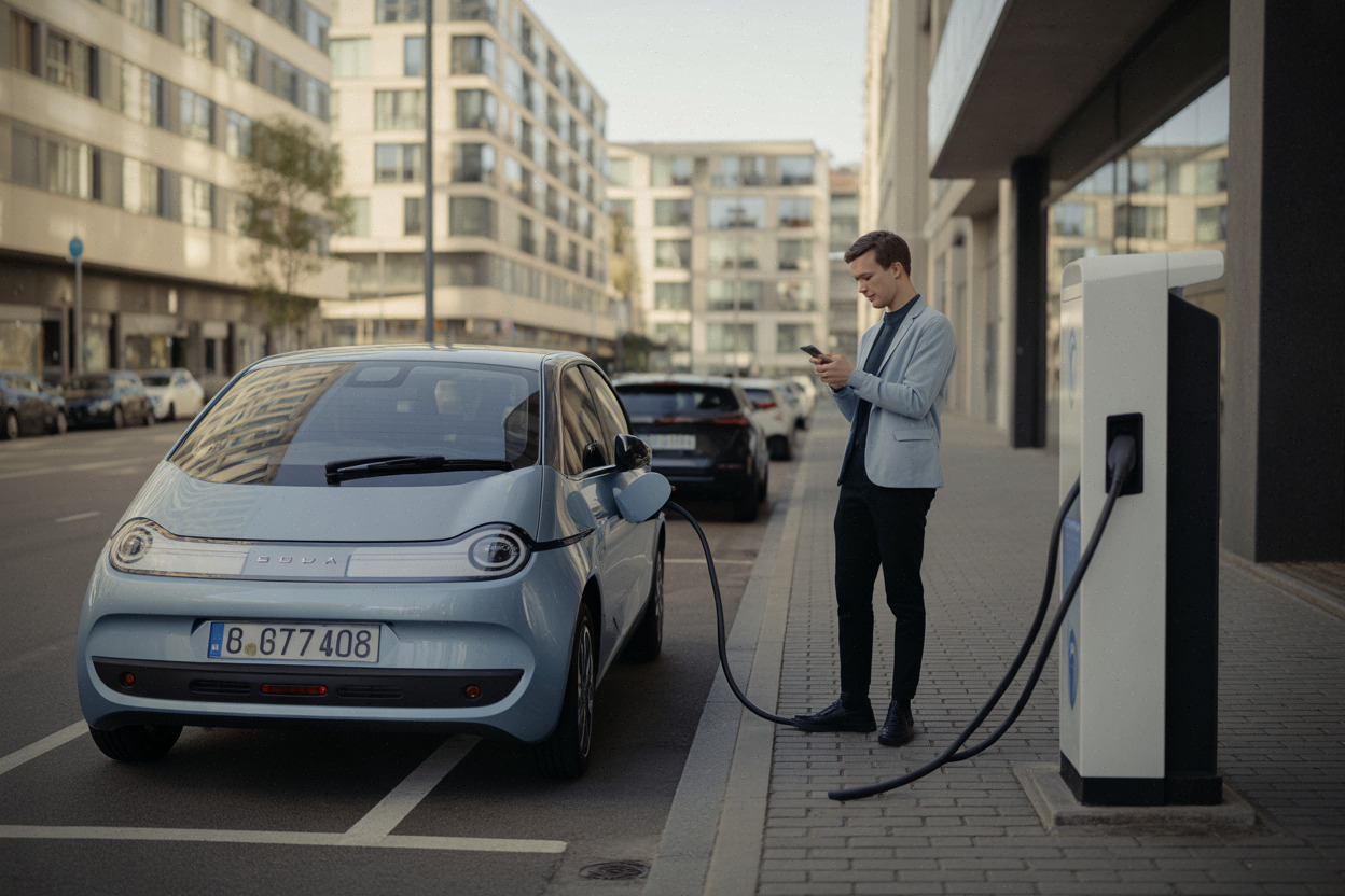 Citadine électrique branchée en ville avec autonomie limitée