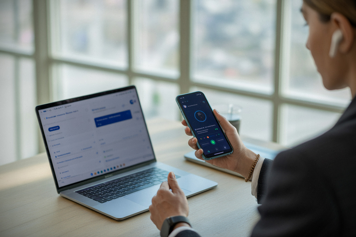 Assistant vocal Claude utilisé sur smartphone dans un espace de travail
