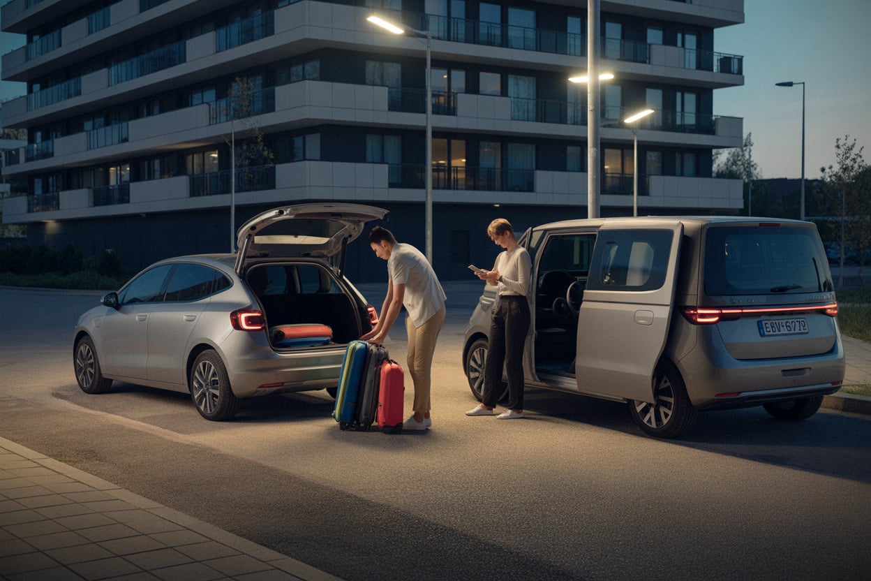 Voiture familiale et utilitaire d’occasion chargés devant immeuble moderne