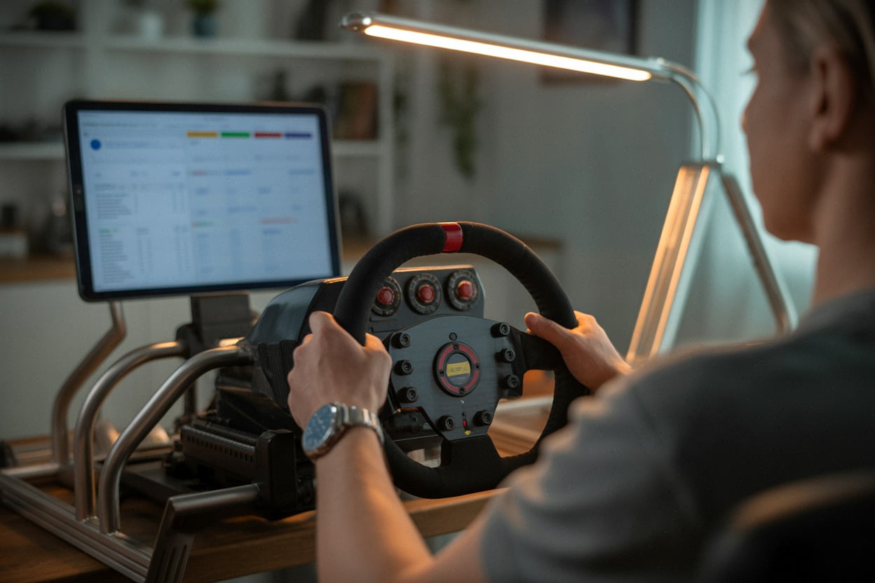 Cockpit Sim Racing avec volant direct drive et pédalier Load Cell