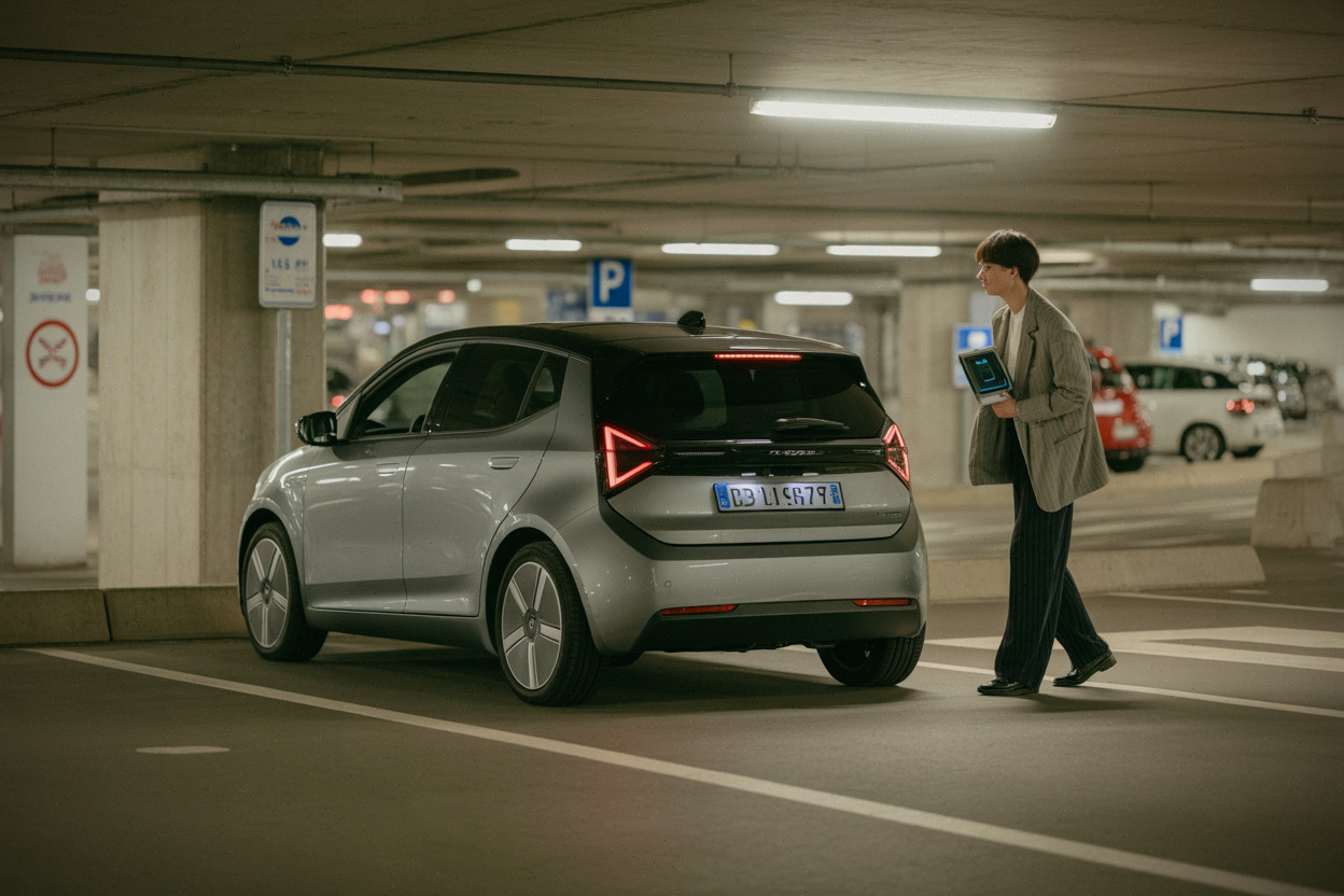 Citadine électrique moderne manœuvrant dans un parking urbain étroit