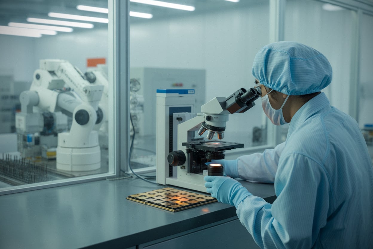 Technicien chinois contrôlant des puces avancées pour intelligence artificielle