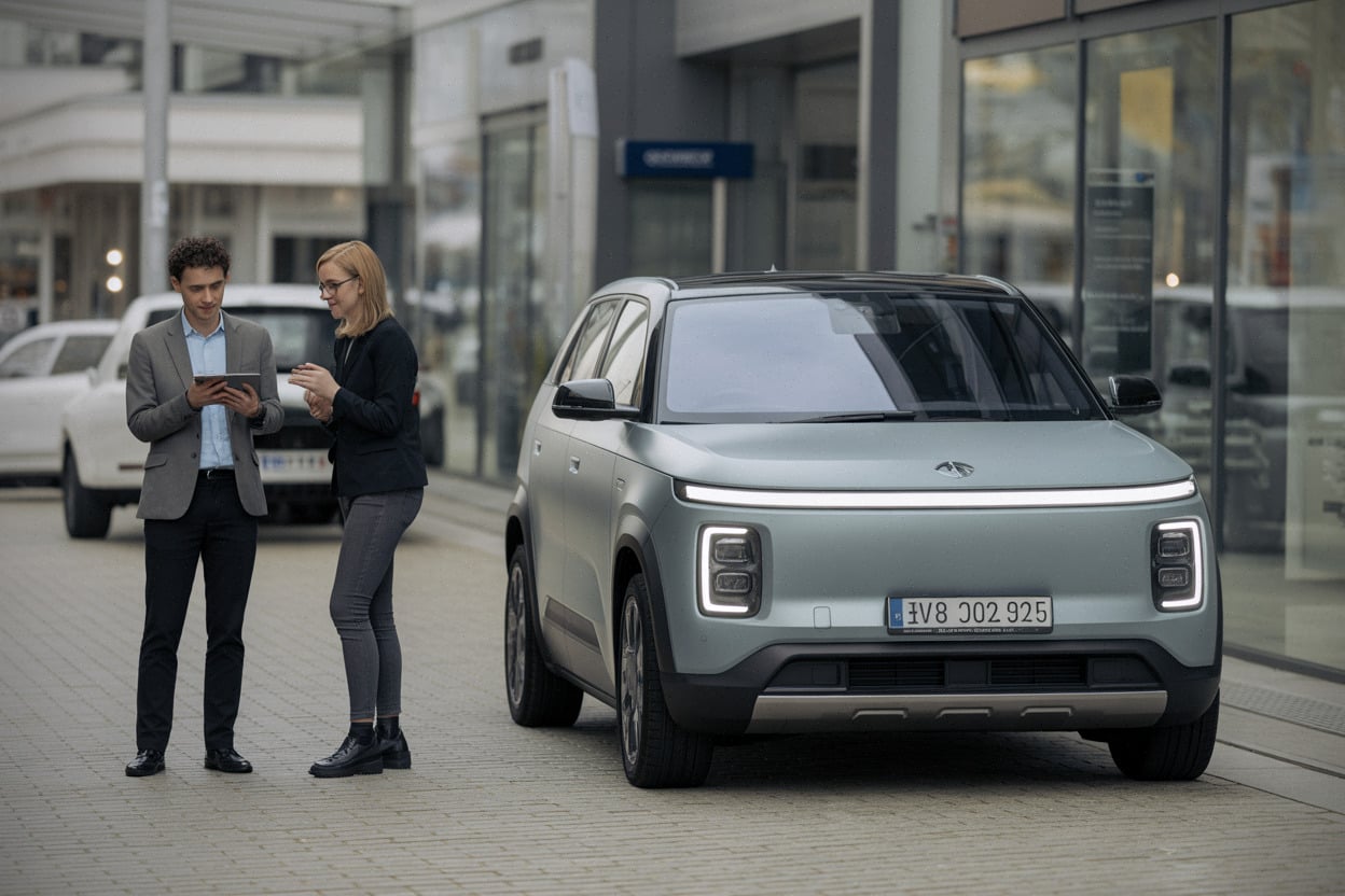 SUV électrique compact Leapmotor devant une concession européenne moderne