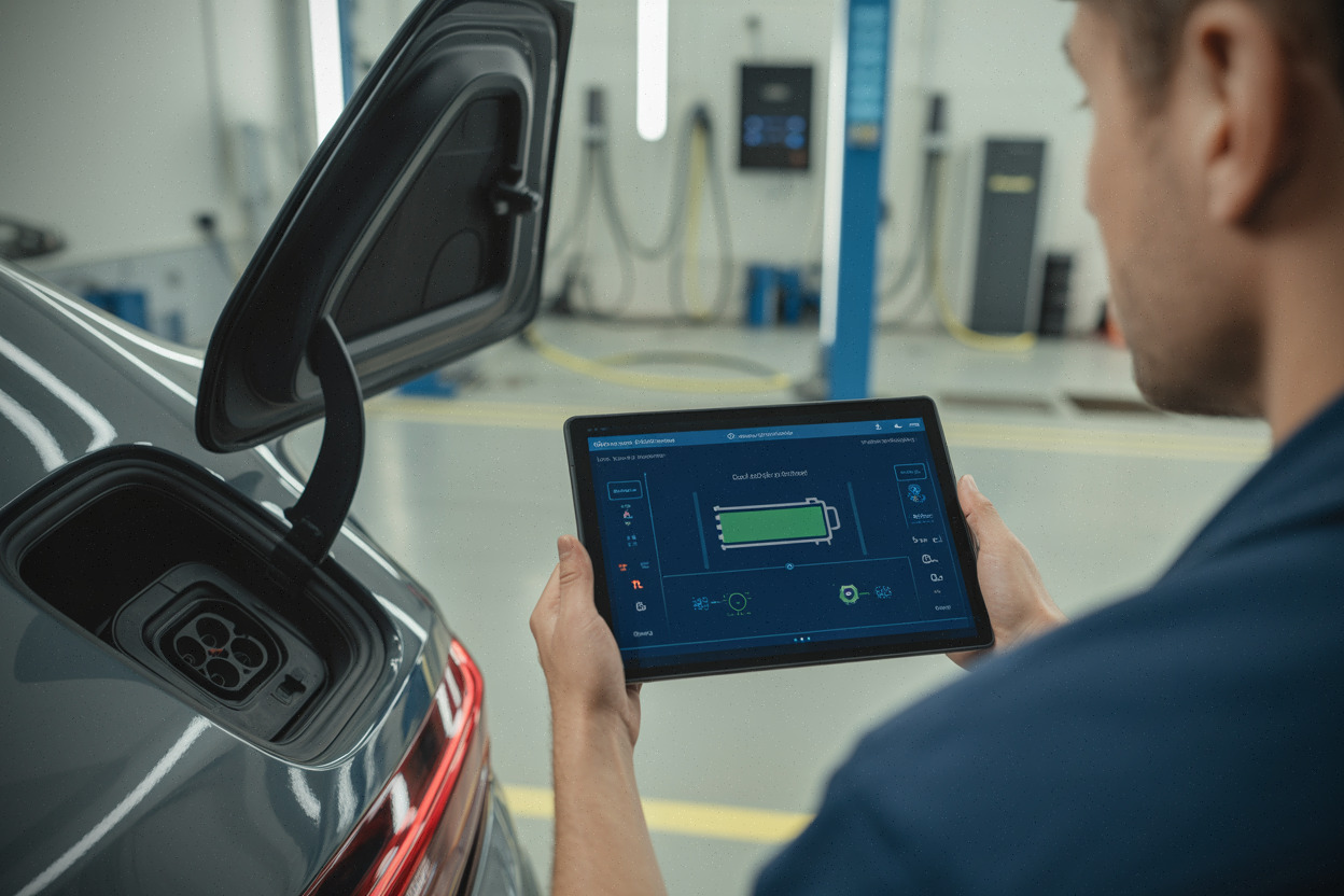 Diagnostic batterie de voiture électrique avec technicien en atelier moderne