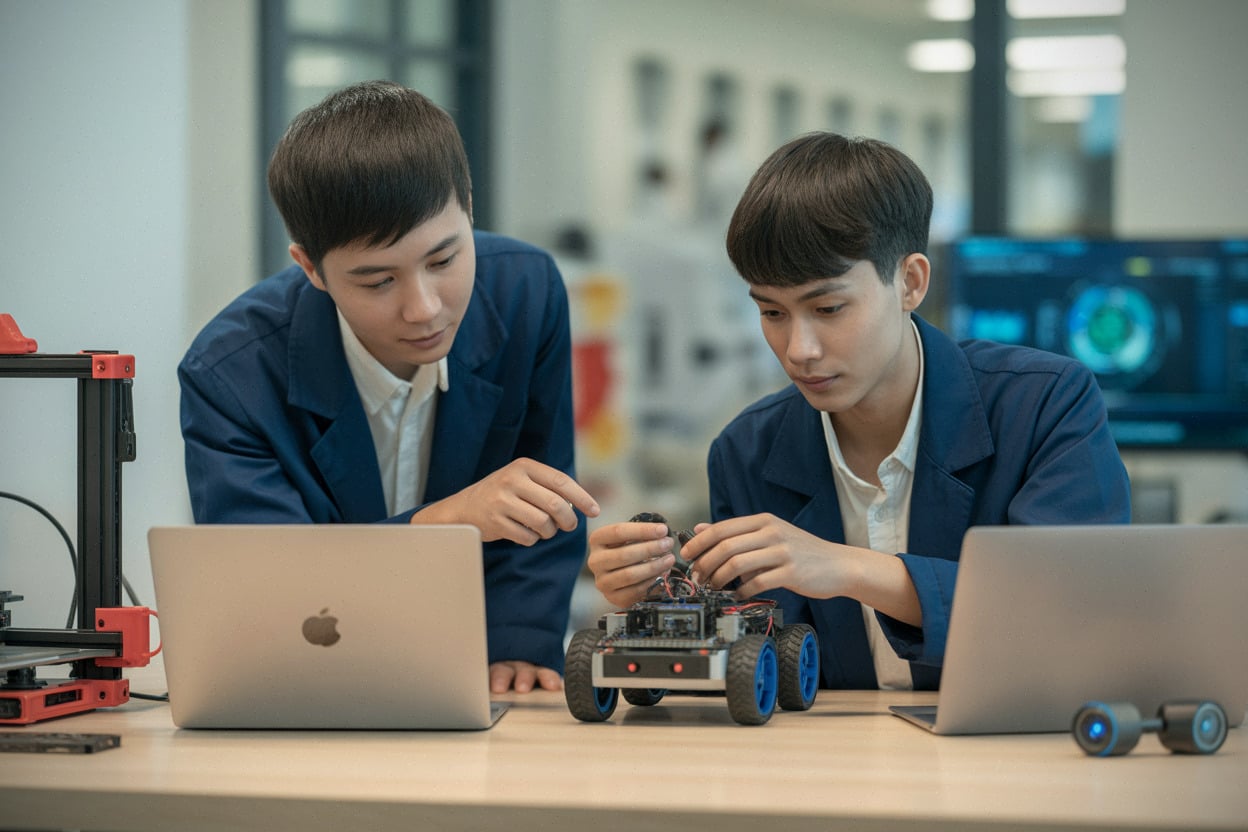 Étudiants vietnamiens testant un robot mobile avec intelligence artificielle