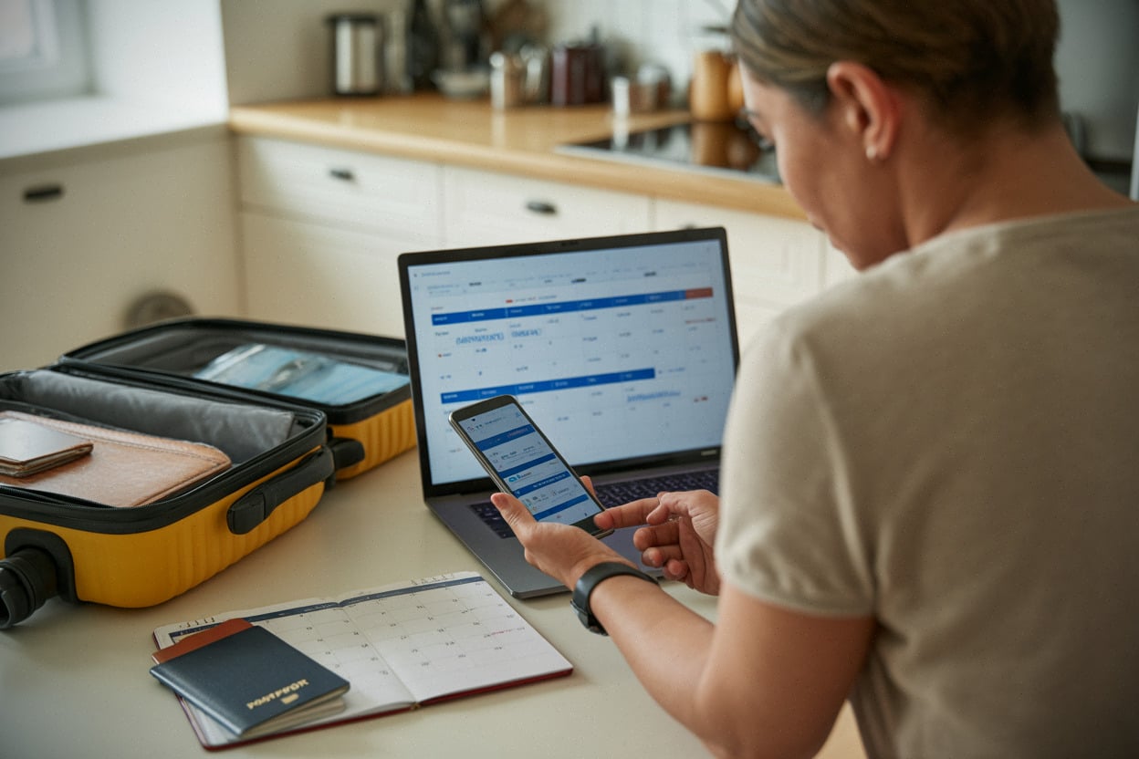 Voyageur comparant des vols d'été sur ordinateur et smartphone