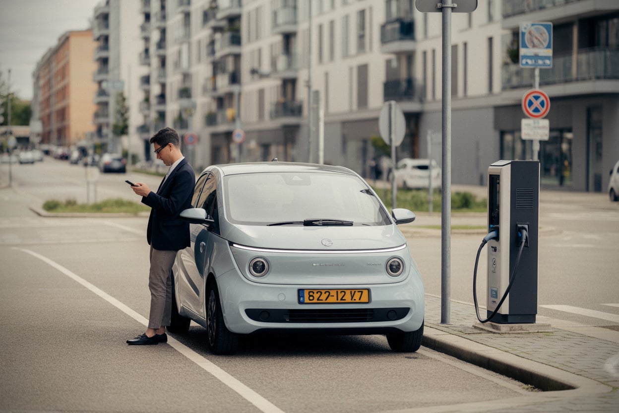 Citadine électrique branchée sur une borne publique urbaine