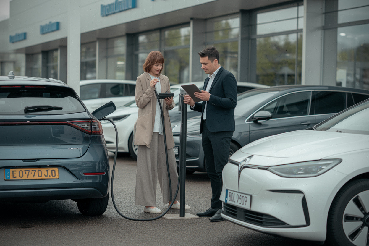 Acheteur vérifiant une voiture électrique d’occasion et son rapport batterie