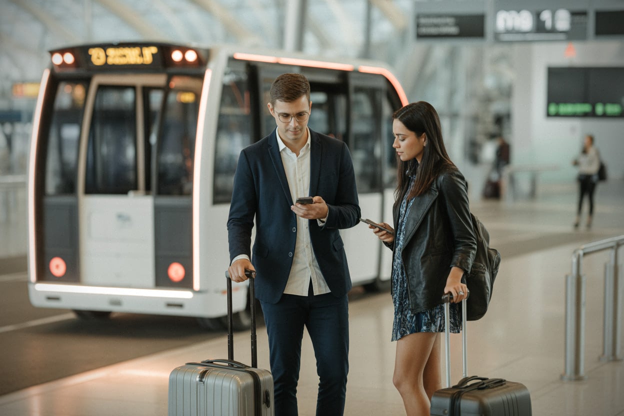 Voyageurs vérifiant frais et conditions avant un départ en avion