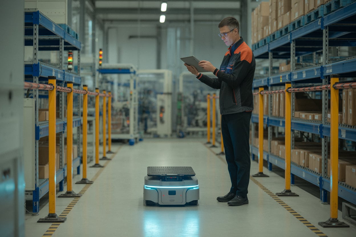 Robot mobile testé dans une usine intelligente avec supervision humaine