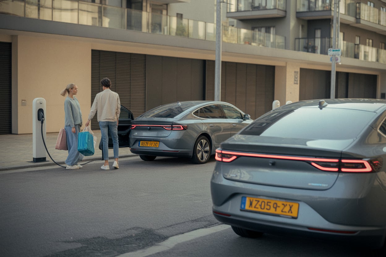 Famille évaluant une berline électrique pour les trajets quotidiens