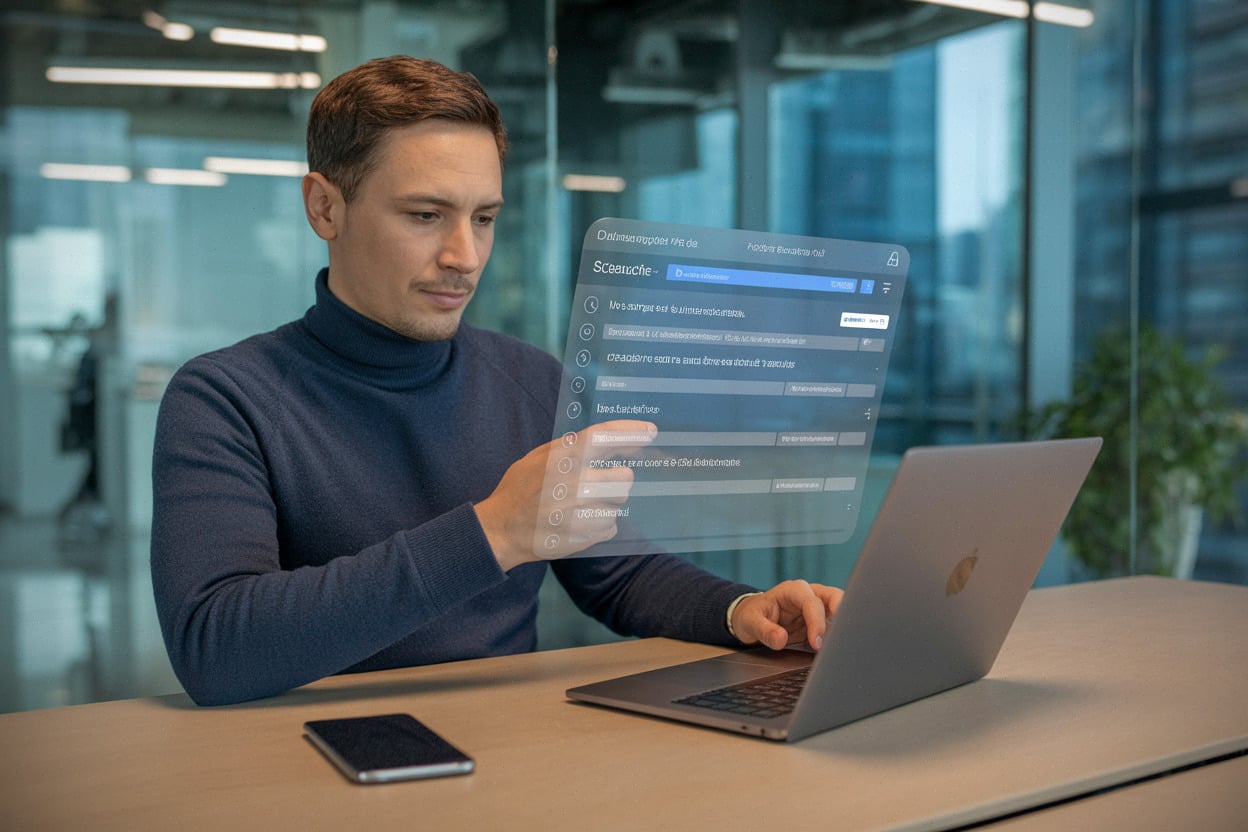 Recherche Google avec réponse IA dans un bureau moderne