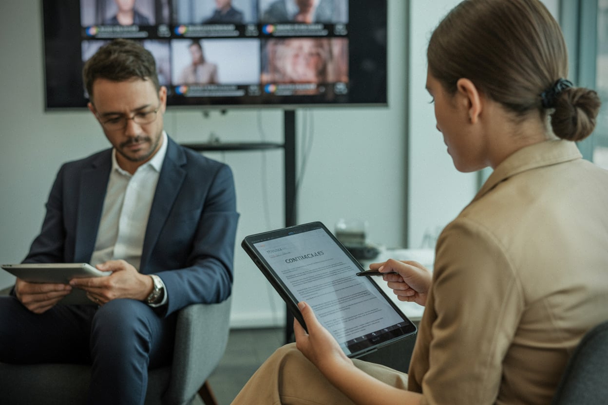 Professionnels discutant des contrats liés aux œuvres modifiées par IA