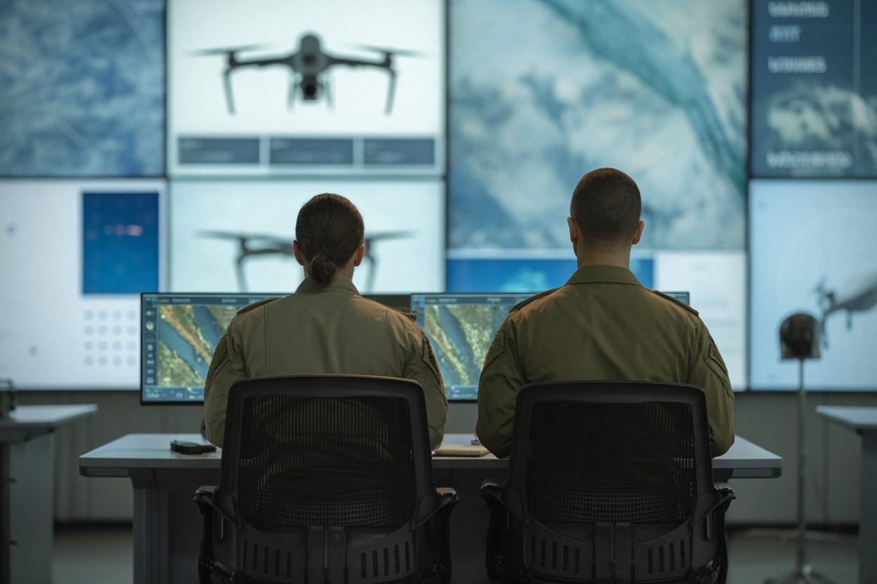 Salle d'analyse militaire utilisant l'intelligence artificielle et images satellites