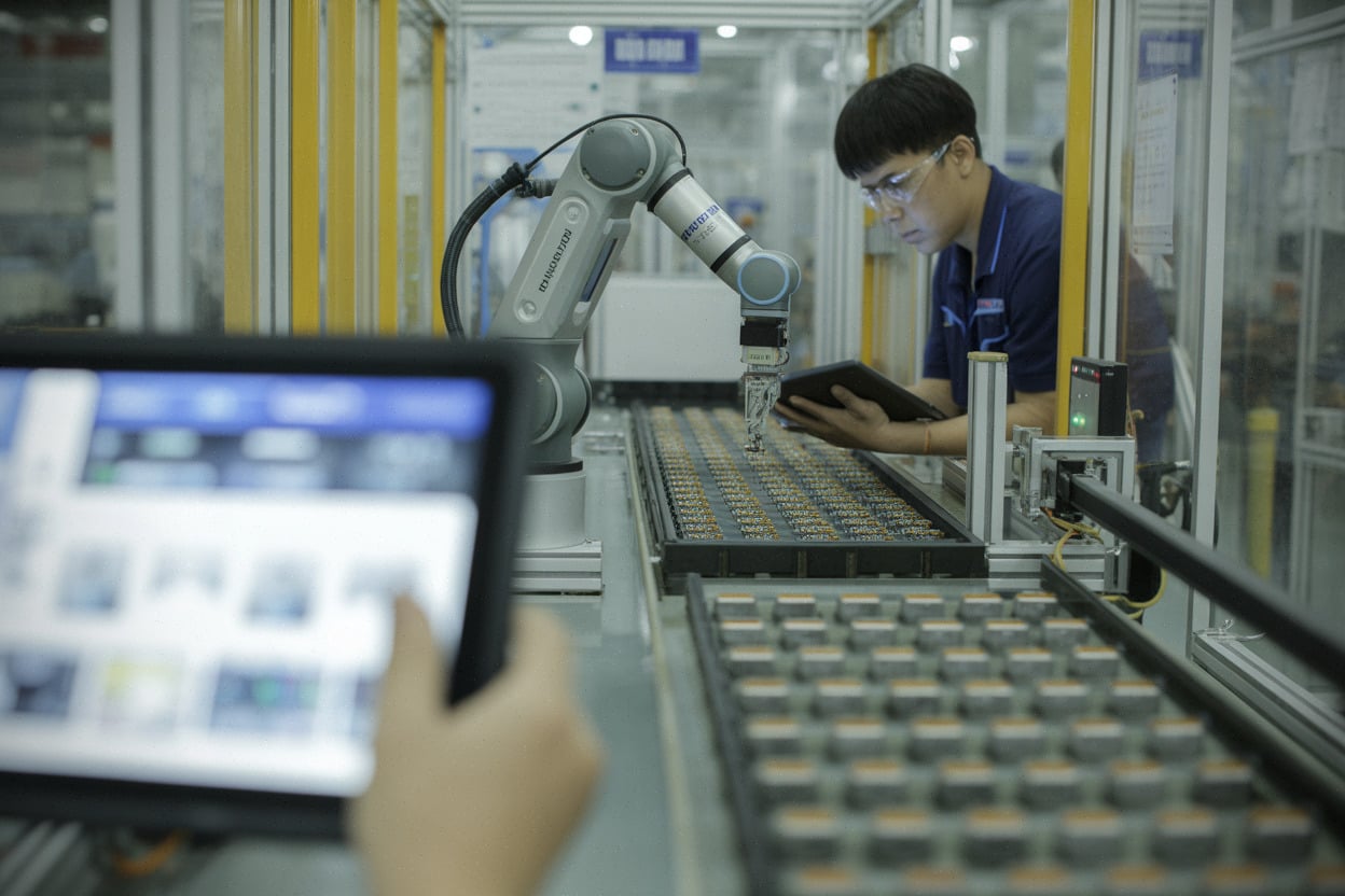 Robot industriel contrôlant des composants dans une usine vietnamienne moderne